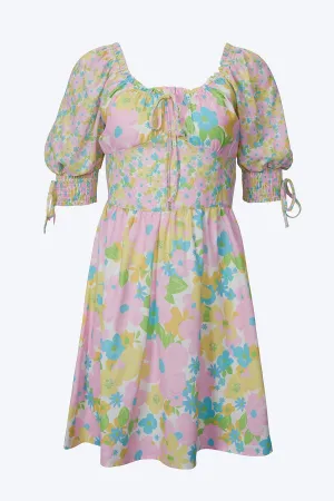 FLORAL-PRINT CORSET-EFFECT SATIN MINI DRESS