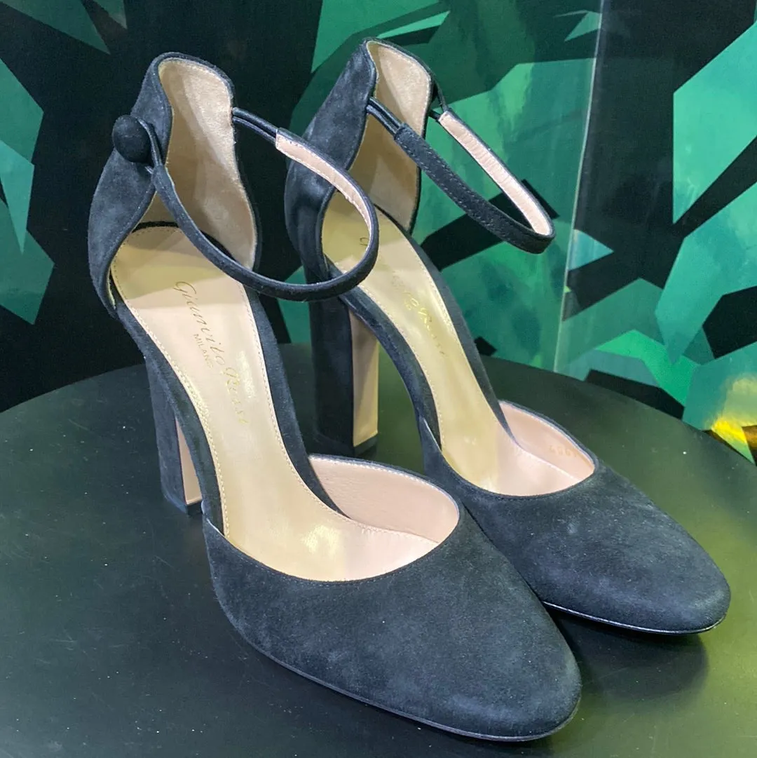 Gianvito Rossi Black Suede Round Toe Ankle Strap Chunky Heel Shoe