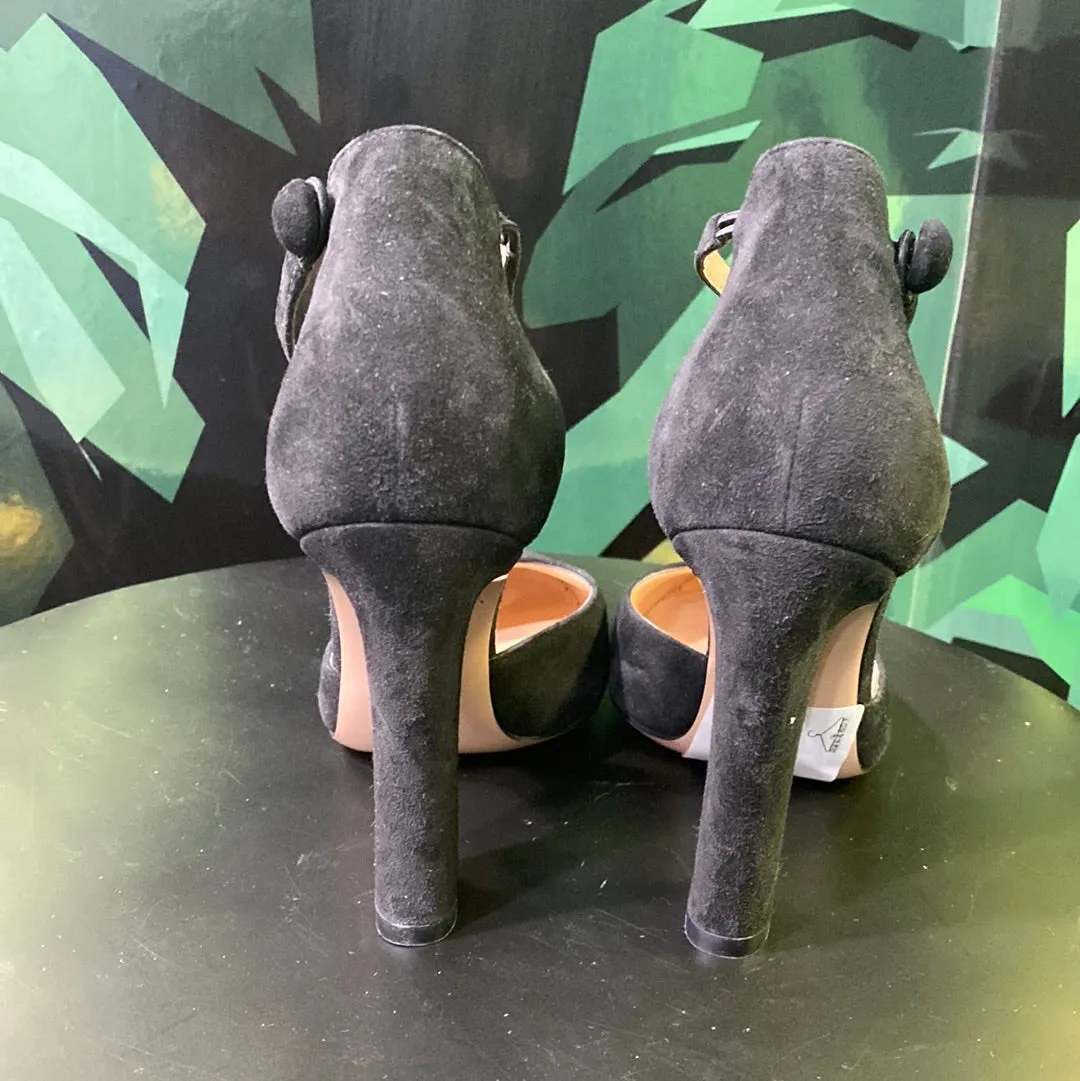 Gianvito Rossi Black Suede Round Toe Ankle Strap Chunky Heel Shoe