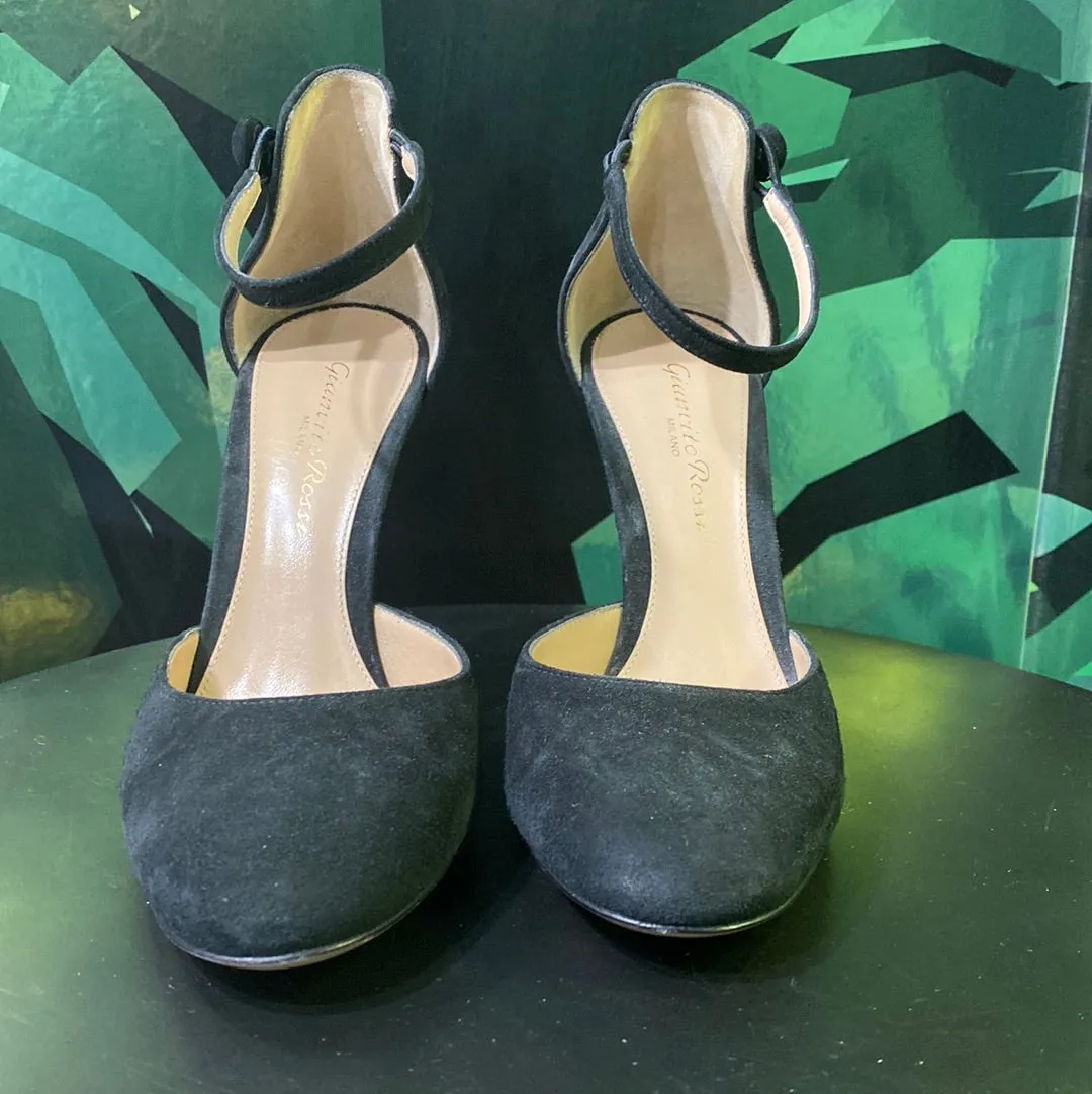 Gianvito Rossi Black Suede Round Toe Ankle Strap Chunky Heel Shoe