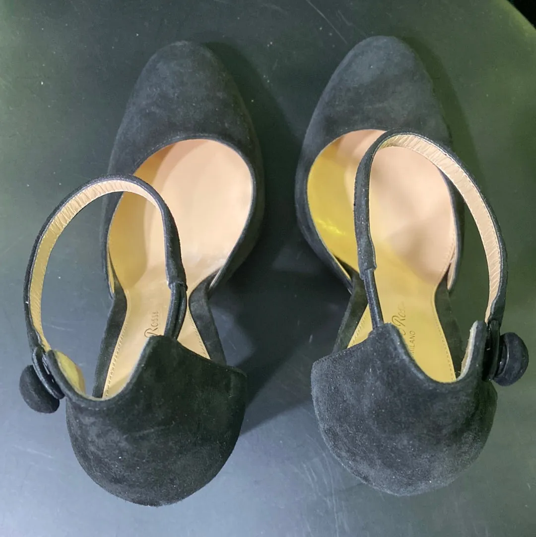 Gianvito Rossi Black Suede Round Toe Ankle Strap Chunky Heel Shoe