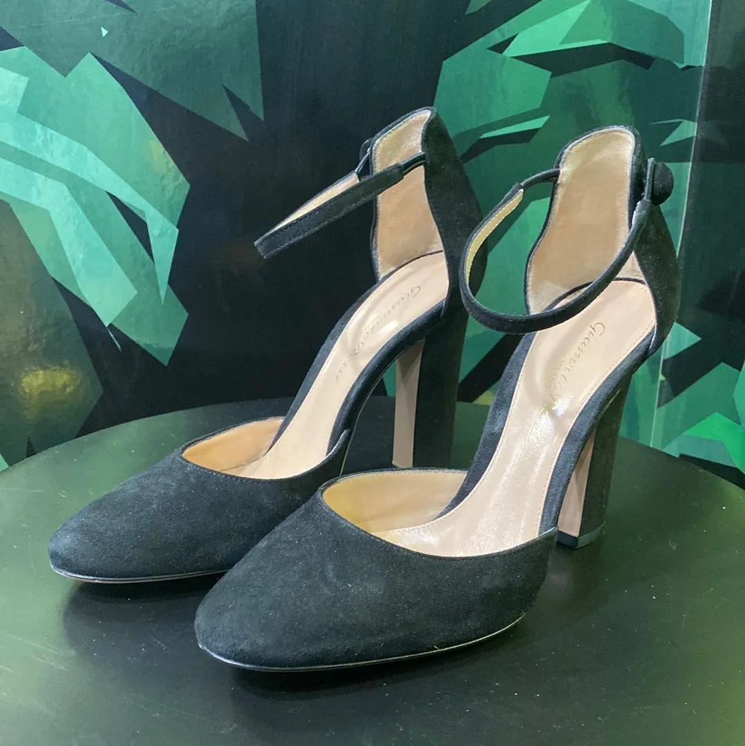 Gianvito Rossi Black Suede Round Toe Ankle Strap Chunky Heel Shoe