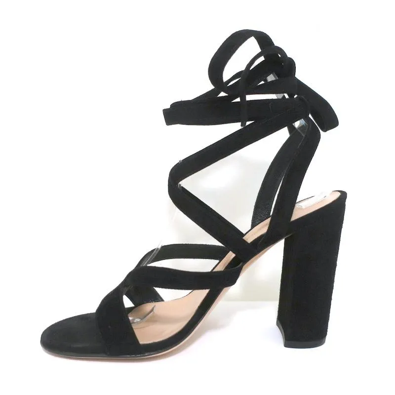 Gianvito Rossi Janis 105 Lace-Up Sandals Black Suede Size 37 Open Toe Heels
