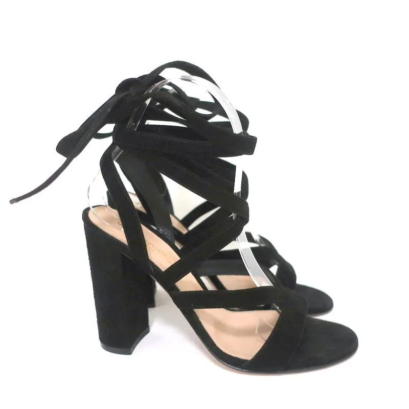 Gianvito Rossi Janis 105 Lace-Up Sandals Black Suede Size 37 Open Toe Heels