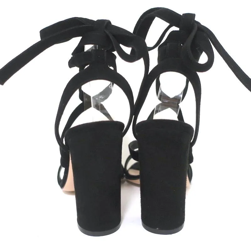 Gianvito Rossi Janis 105 Lace-Up Sandals Black Suede Size 37 Open Toe Heels