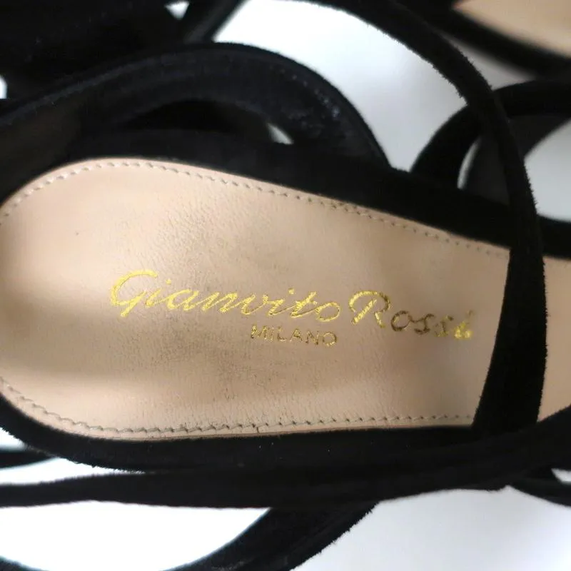 Gianvito Rossi Janis 105 Lace-Up Sandals Black Suede Size 37 Open Toe Heels