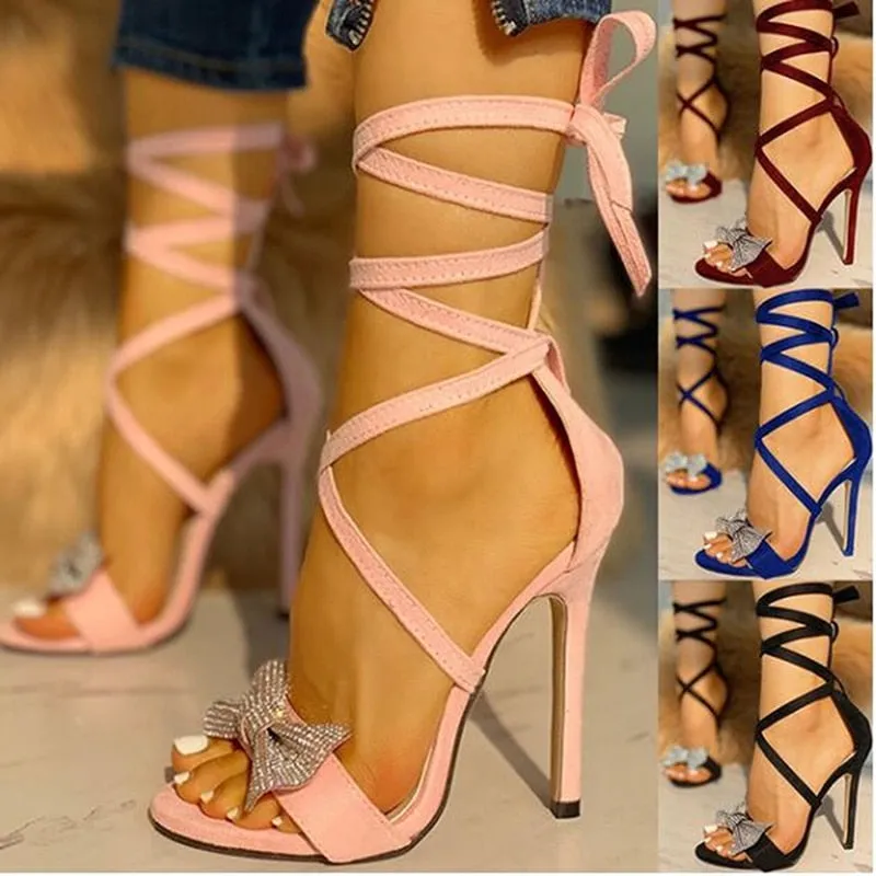 Glitter Rhinestones Women Pumps Bowknot Bandage Women Sandals