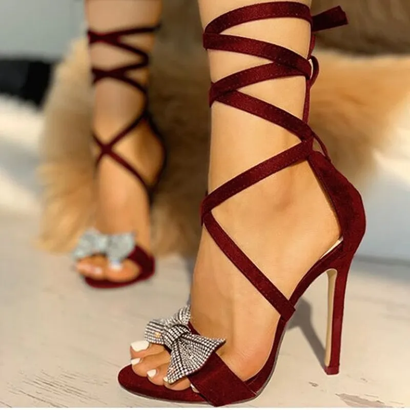 Glitter Rhinestones Women Pumps Bowknot Bandage Women Sandals