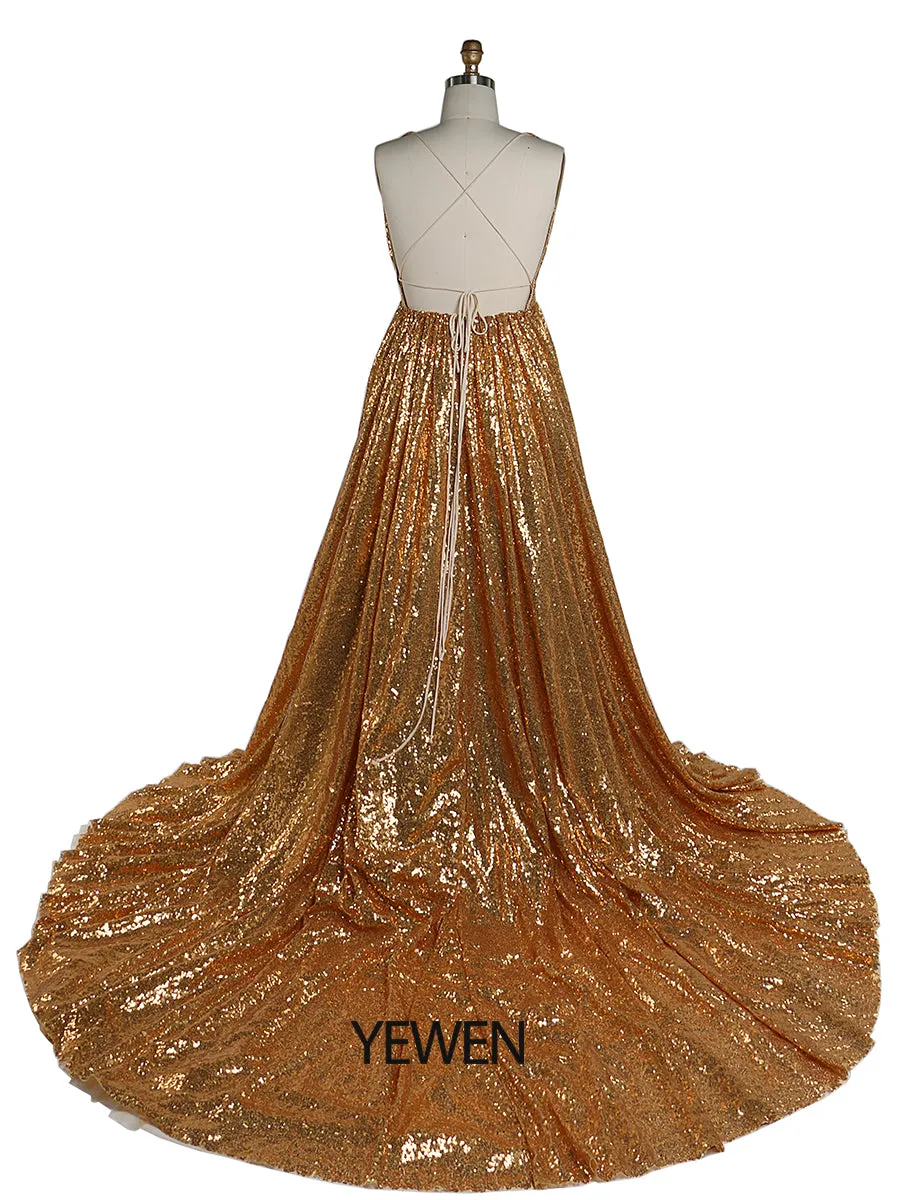 Gold Sequin Elastic Waist Evening Dresses Photo Shoot Photography Gown YW220401-1