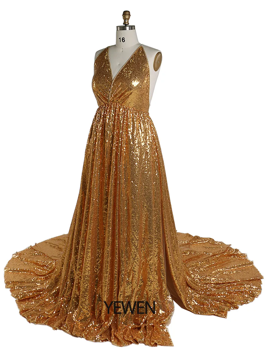 Gold Sequin Elastic Waist Evening Dresses Photo Shoot Photography Gown YW220401-1