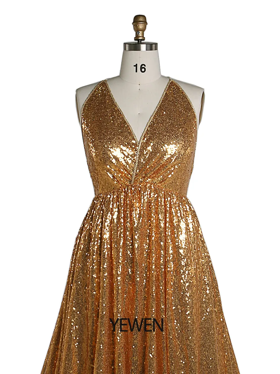 Gold Sequin Elastic Waist Evening Dresses Photo Shoot Photography Gown YW220401-1