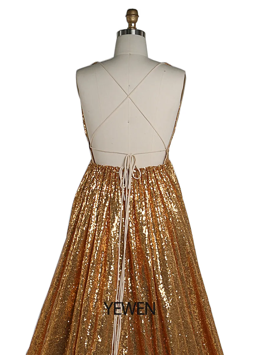 Gold Sequin Elastic Waist Evening Dresses Photo Shoot Photography Gown YW220401-1