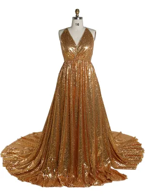 Gold Sequin Elastic Waist Evening Dresses Photo Shoot Photography Gown YW220401-1