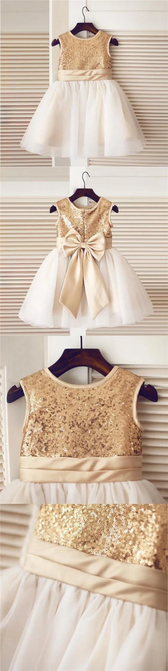 Gold Sequin Simple Cutest  Cheap Soft Pretty Flower Girl Dresses With Bow, FG0089