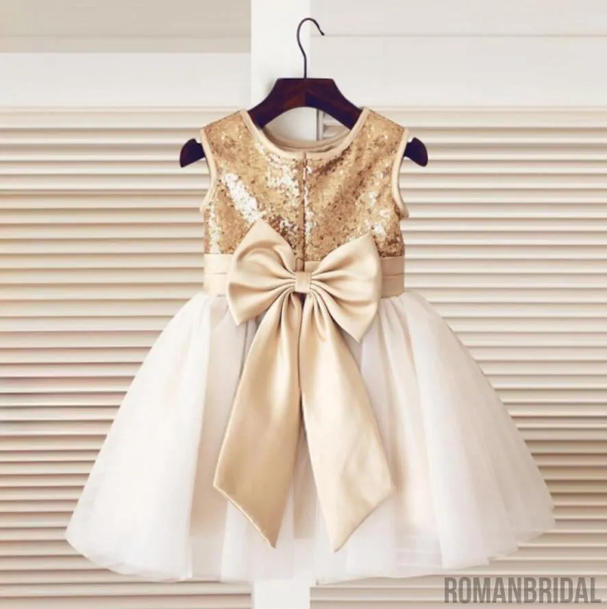 Gold Sequin Simple Cutest  Cheap Soft Pretty Flower Girl Dresses With Bow, FG0089