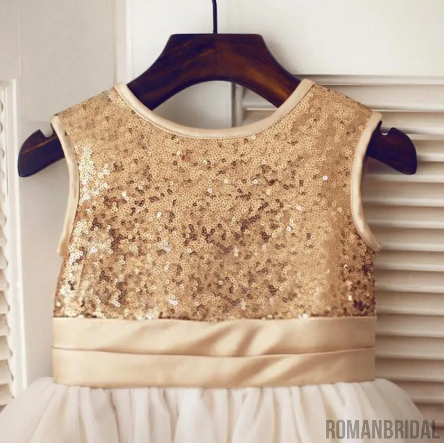 Gold Sequin Simple Cutest  Cheap Soft Pretty Flower Girl Dresses With Bow, FG0089
