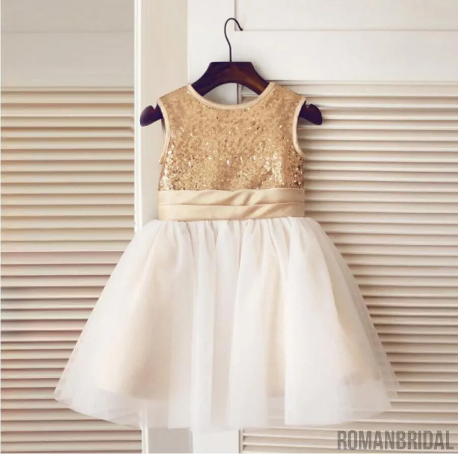 Gold Sequin Simple Cutest  Cheap Soft Pretty Flower Girl Dresses With Bow, FG0089