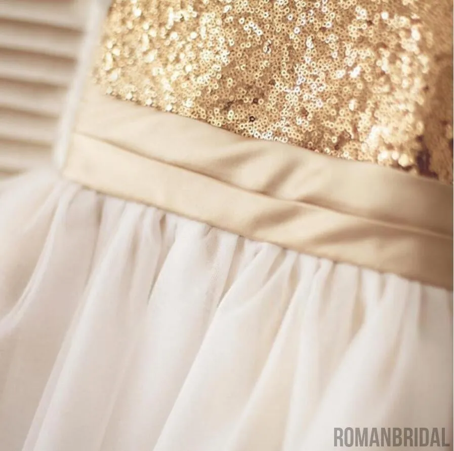 Gold Sequin Simple Cutest  Cheap Soft Pretty Flower Girl Dresses With Bow, FG0089