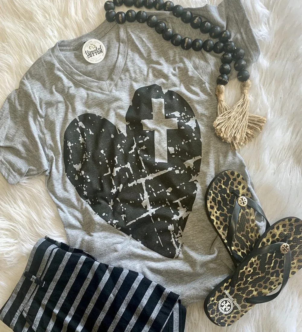 Gray {I CROSS MY HEART} Distressed Heart V-Neck Tee