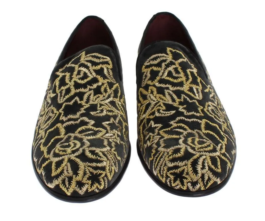 Gray Velvet Gold Embroidery Loafers