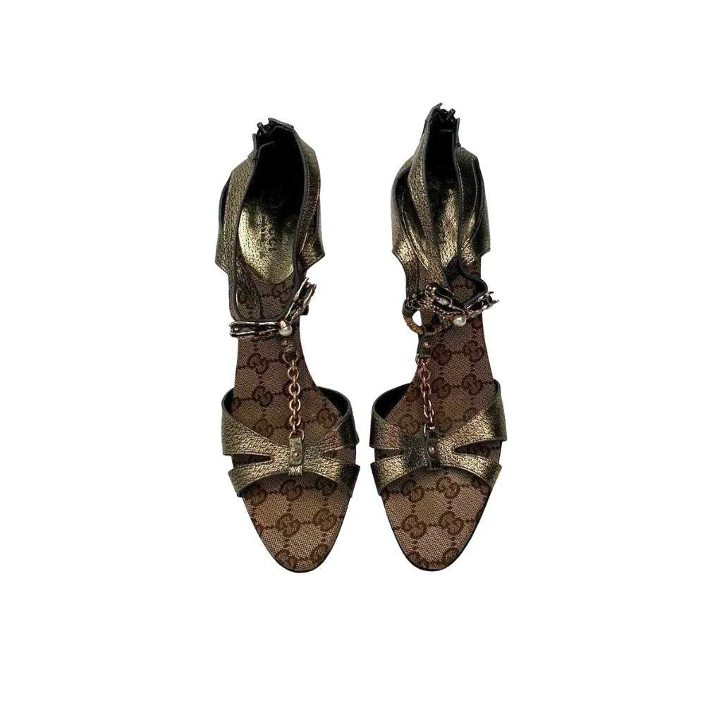 Gucci Bronze Monogram Dragon Strap Heels