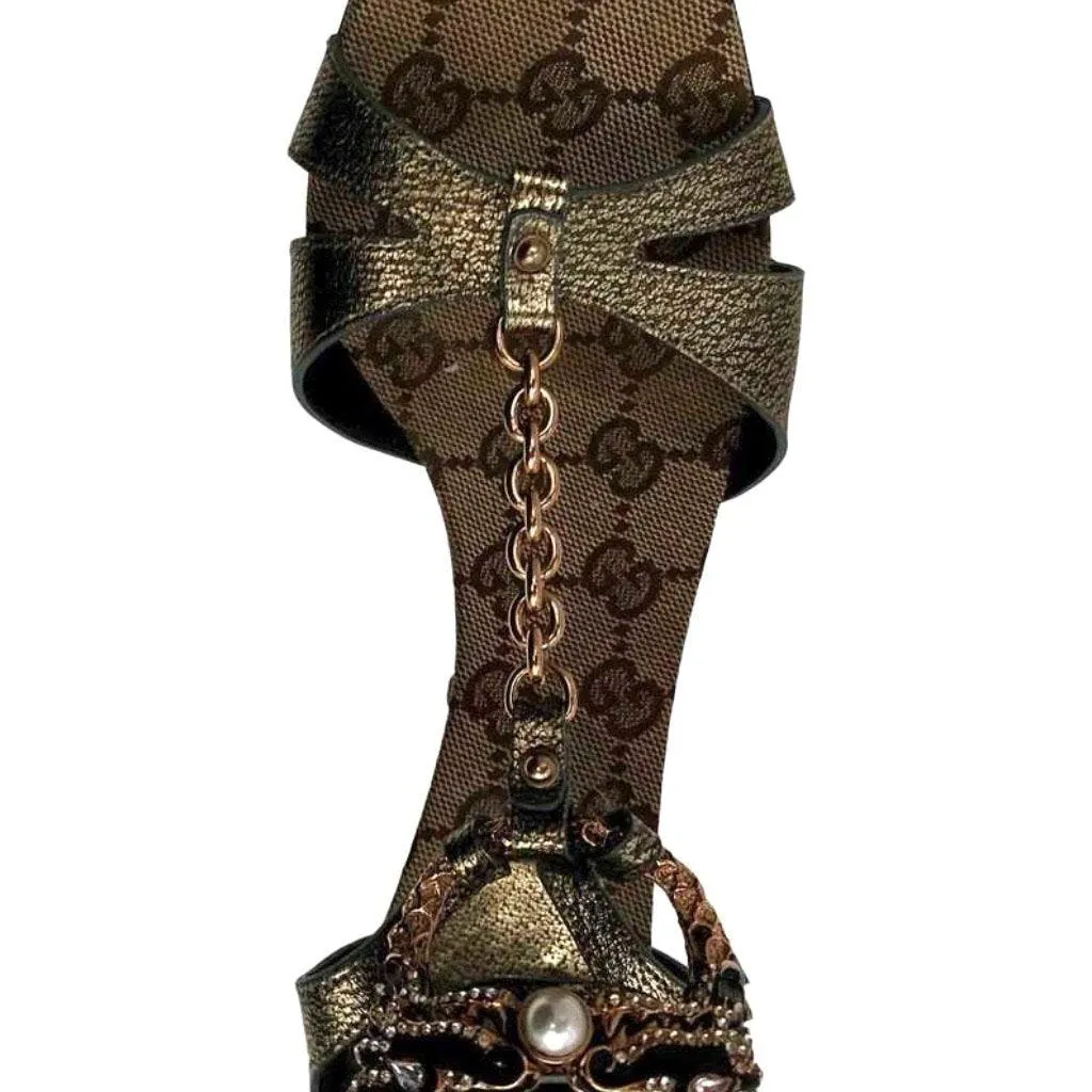 Gucci Bronze Monogram Dragon Strap Heels