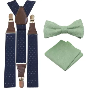 Harrison Sage Green Adult Cotton Bow Tie, Pocket Square and Navy Blue Polka Dot Braces Set