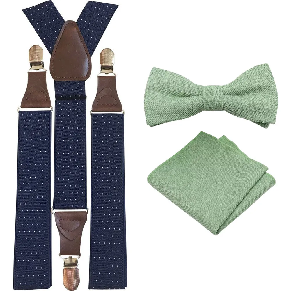 Harrison Sage Green Adult Cotton Bow Tie, Pocket Square and Navy Blue Polka Dot Braces Set