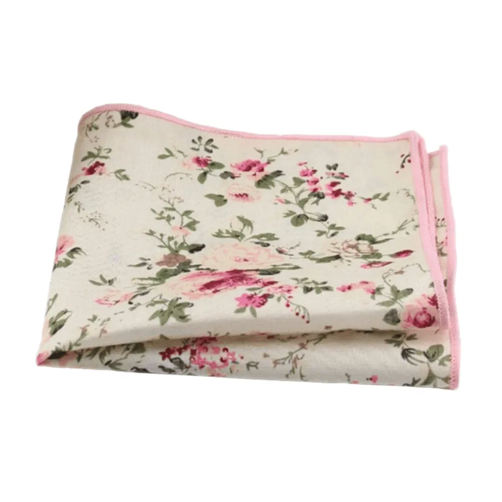 Harrison: Sage Green Cotton Blend Tie and Cream Floral Pocket Square Set