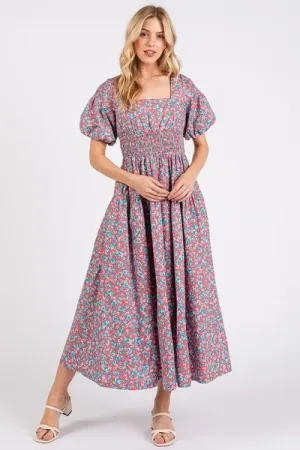 Hazel Blues® |  Mittoshop Smocked Floral Square Neck Puff Sleeve Midi Dress