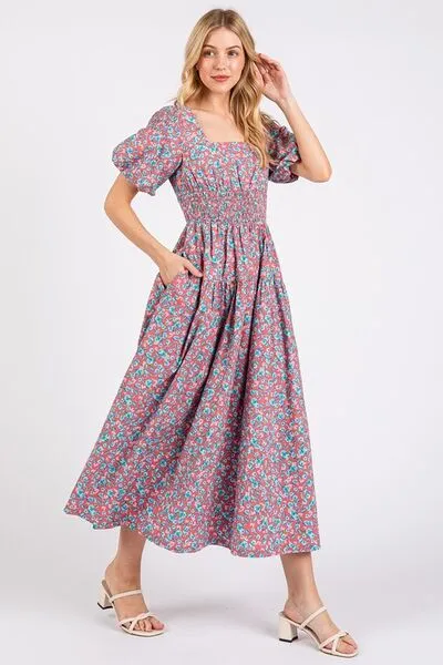 Hazel Blues® |  Mittoshop Smocked Floral Square Neck Puff Sleeve Midi Dress