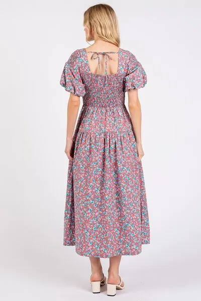 Hazel Blues® |  Mittoshop Smocked Floral Square Neck Puff Sleeve Midi Dress