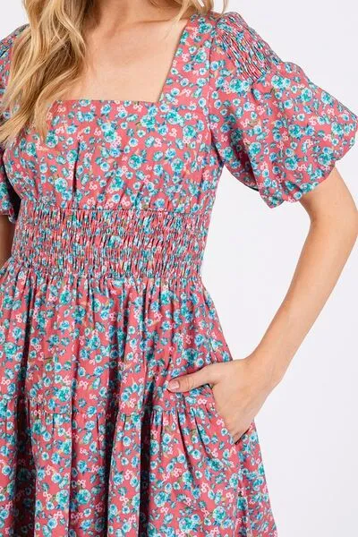 Hazel Blues® |  Mittoshop Smocked Floral Square Neck Puff Sleeve Midi Dress