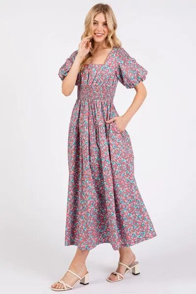 Hazel Blues® |  Mittoshop Smocked Floral Square Neck Puff Sleeve Midi Dress