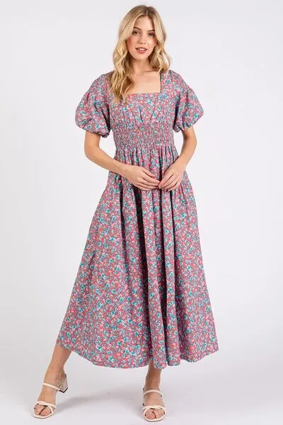 Hazel Blues® |  Mittoshop Smocked Floral Square Neck Puff Sleeve Midi Dress