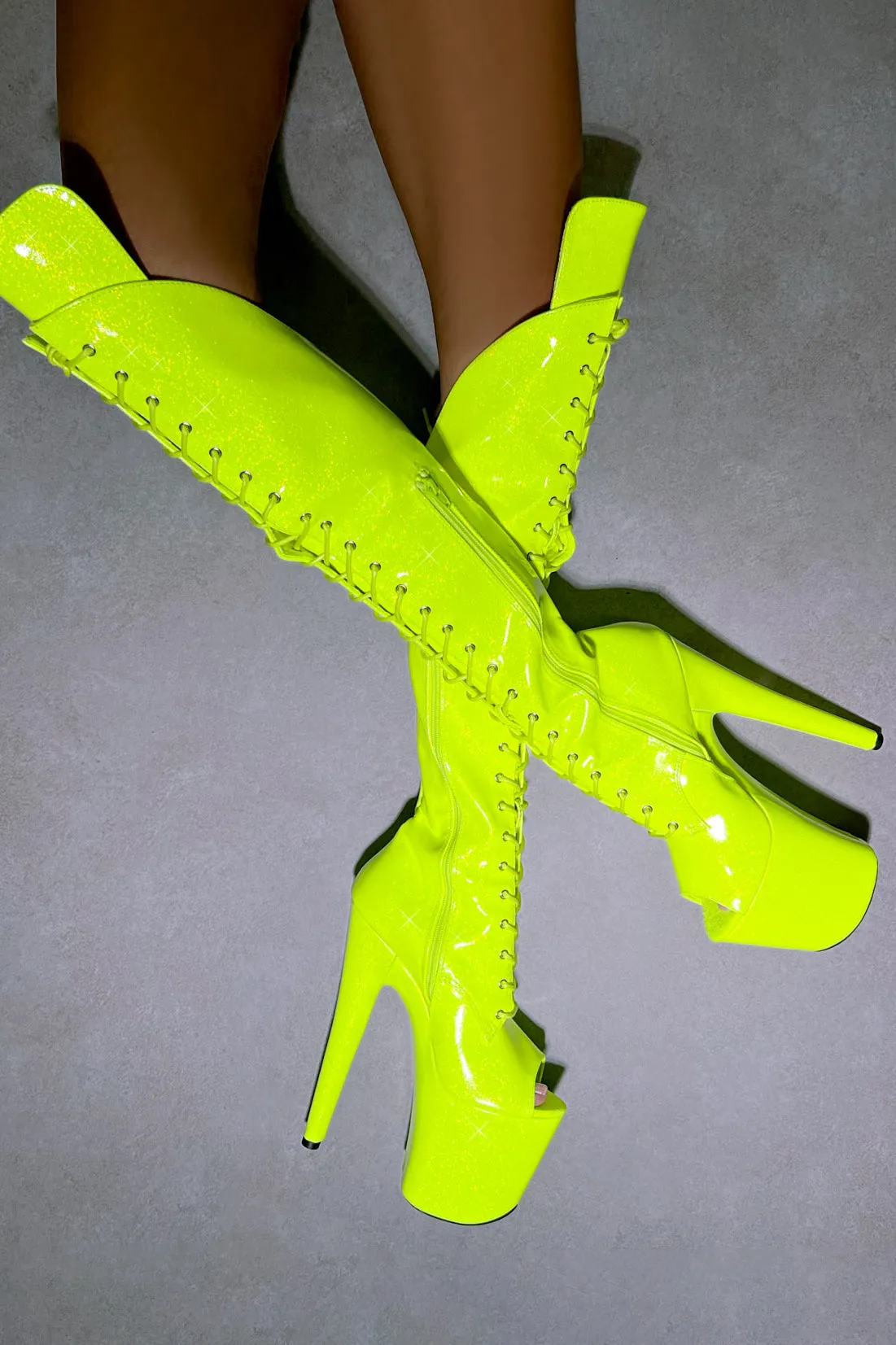 Hella Heels The Glitterati Open Toe Over The Knee 8inch Boots - Citrus Yellow Burst