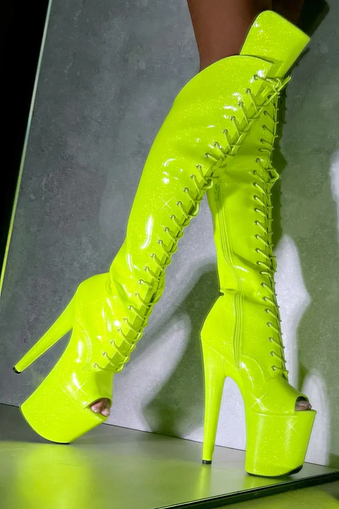 Hella Heels The Glitterati Open Toe Over The Knee 8inch Boots - Citrus Yellow Burst