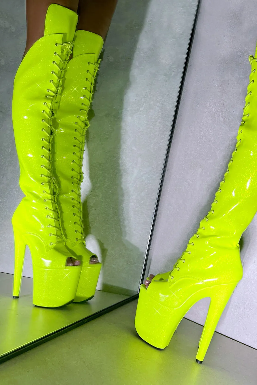 Hella Heels The Glitterati Open Toe Over The Knee 8inch Boots - Citrus Yellow Burst