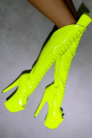 Hella Heels The Glitterati Open Toe Over The Knee 8inch Boots - Citrus Yellow Burst