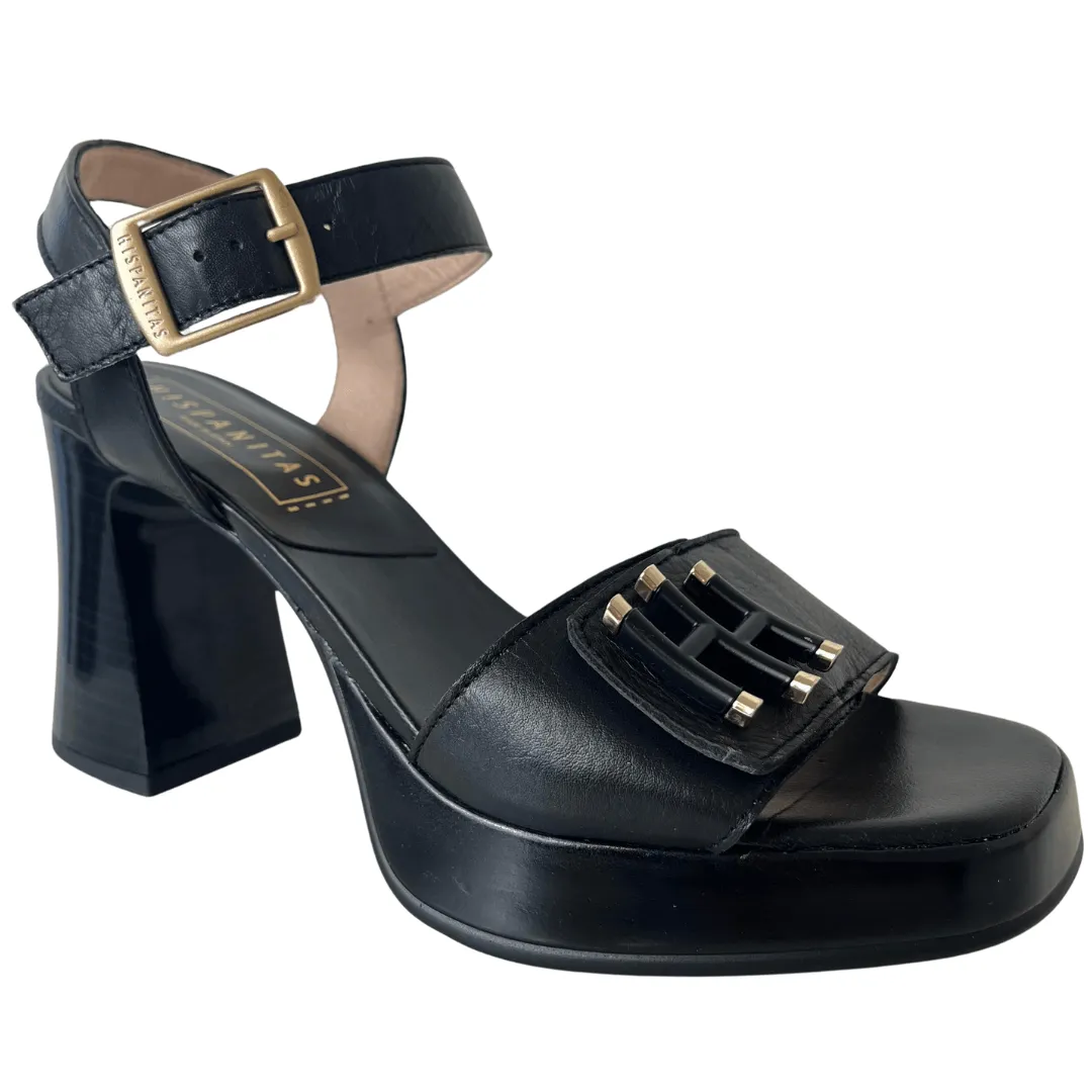 Hispanitas Black Leather Ankle Strap Platform Sandals