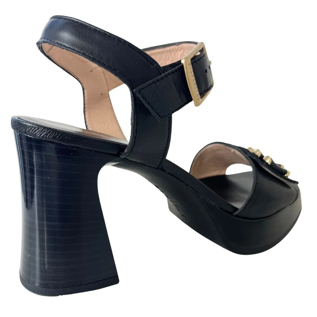 Hispanitas Black Leather Ankle Strap Platform Sandals