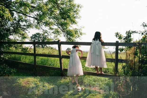 Ivory Lace Top Tulle Cap Sleeve Tea Length With Bow Flower Girl Dresses, FGS044