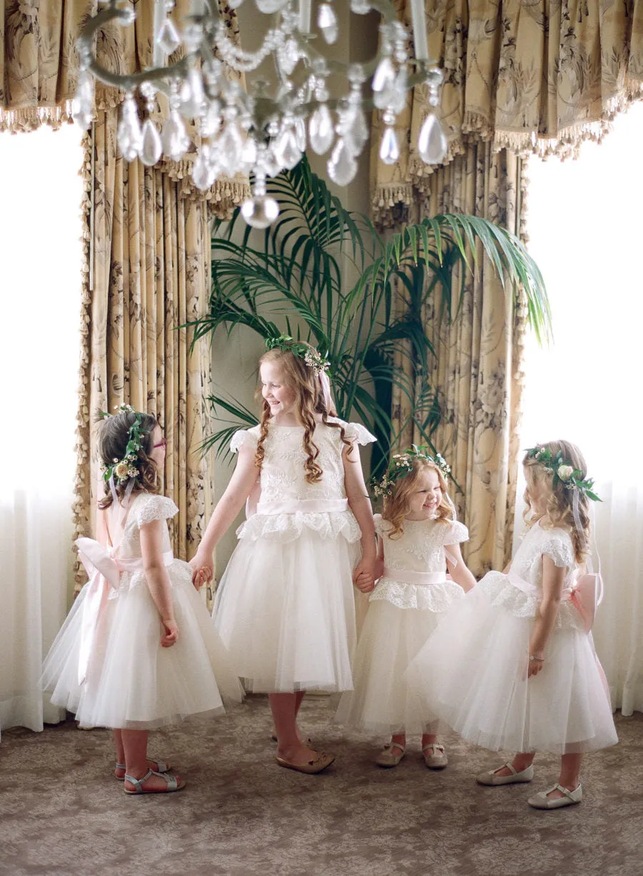 Ivory Lace Tulle  Cap Sleeve Round Neck Scoop Back With Pink Bow Know Flower Girl Dresses, FGS106