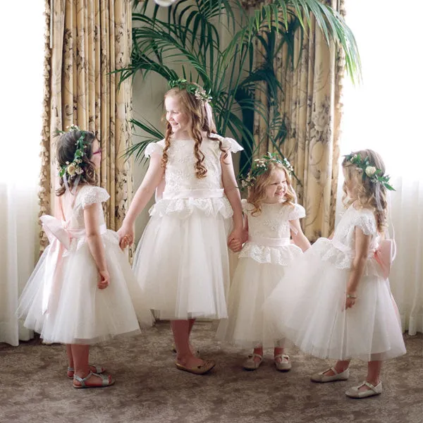 Ivory Lace Tulle  Cap Sleeve Round Neck Scoop Back With Pink Bow Know Flower Girl Dresses, FGS106