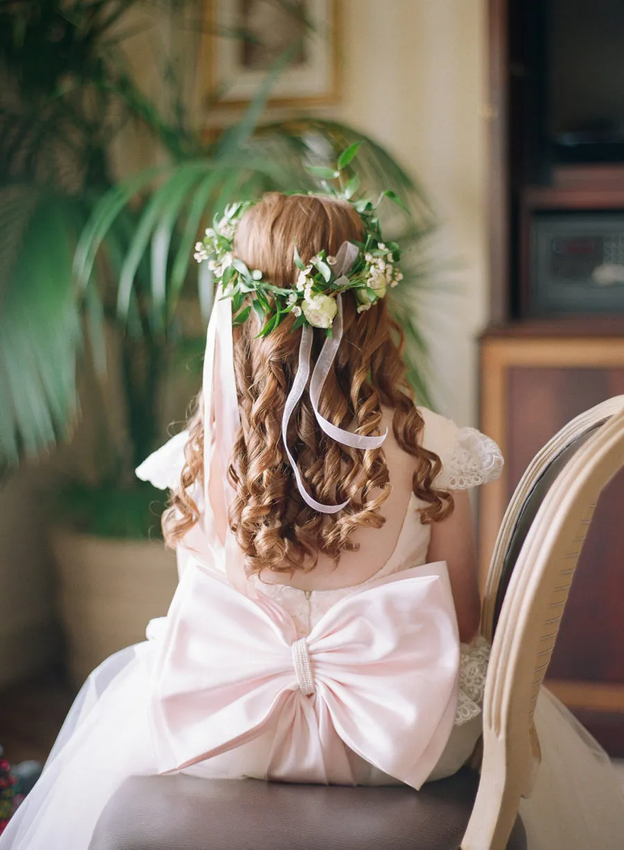 Ivory Lace Tulle  Cap Sleeve Round Neck Scoop Back With Pink Bow Know Flower Girl Dresses, FGS106