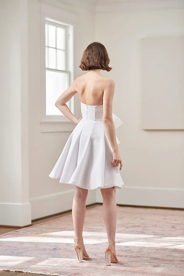 Jacqueline Strapless Little White Rehearsal and Casual Wedding Dress With Pink Tie