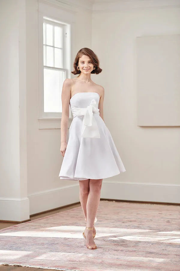 Jacqueline Strapless Little White Rehearsal and Casual Wedding Dress With Pink Tie