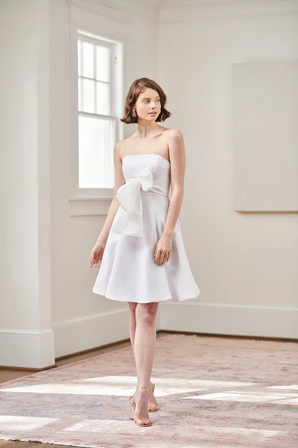 Jacqueline Strapless Little White Rehearsal and Casual Wedding Dress With Pink Tie