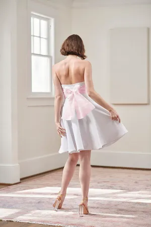 Jacqueline Strapless Little White Rehearsal and Casual Wedding Dress With Pink Tie