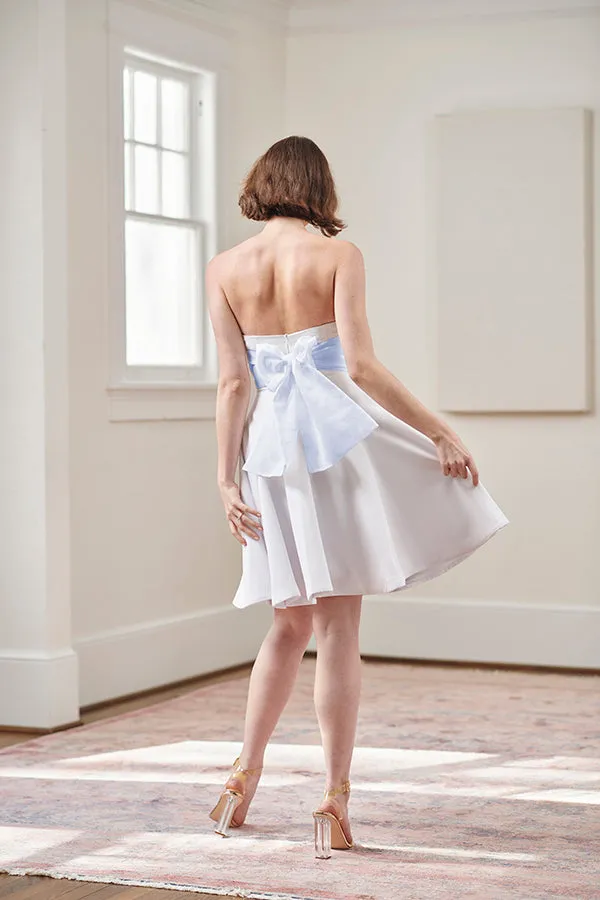 Jacqueline Strapless Little White Rehearsal and Casual Wedding Dress With Pink Tie